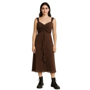 Vintage Womens Brown Silk Midi Babydoll‎ Dress V-neckline Chiffon Ruffle Fairy